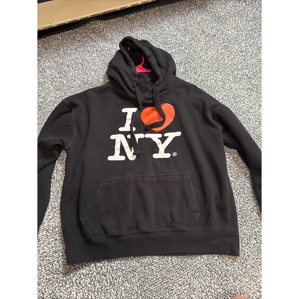 I Love NY Black Hoodie Sweatshirt Unisex Heart Graphic Pullover L